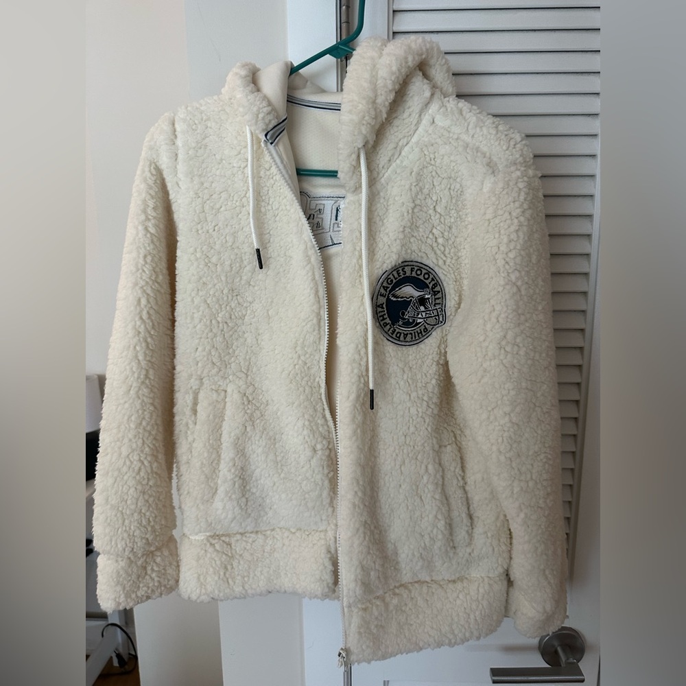 Cream Sherpa Hoodie with Embroidered Eagles Patch